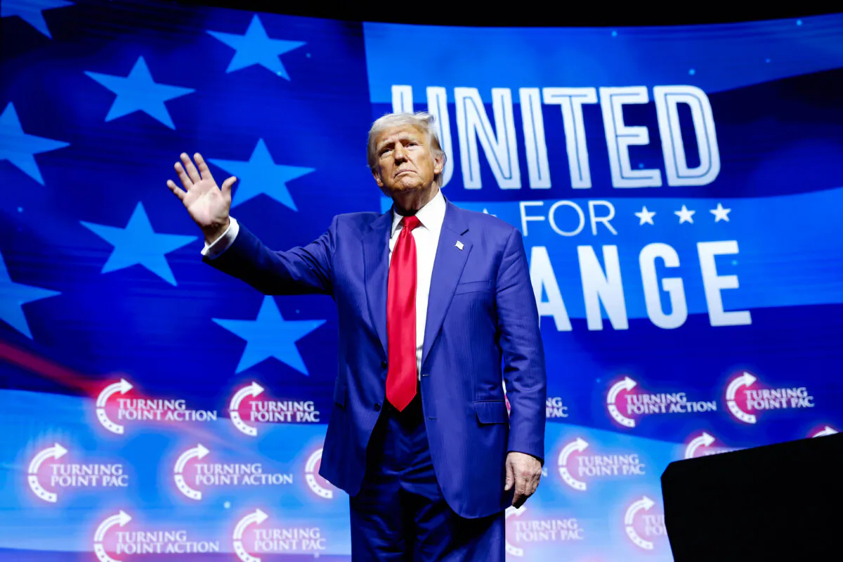 Republican presidential nominee and former President Donald Trump departs after speaking at a Turning Point Action campaign rally at the Thomas & Mack Center in Las Vegas on Oct. 24, 2024. (Anna Moneymaker/Getty Images)