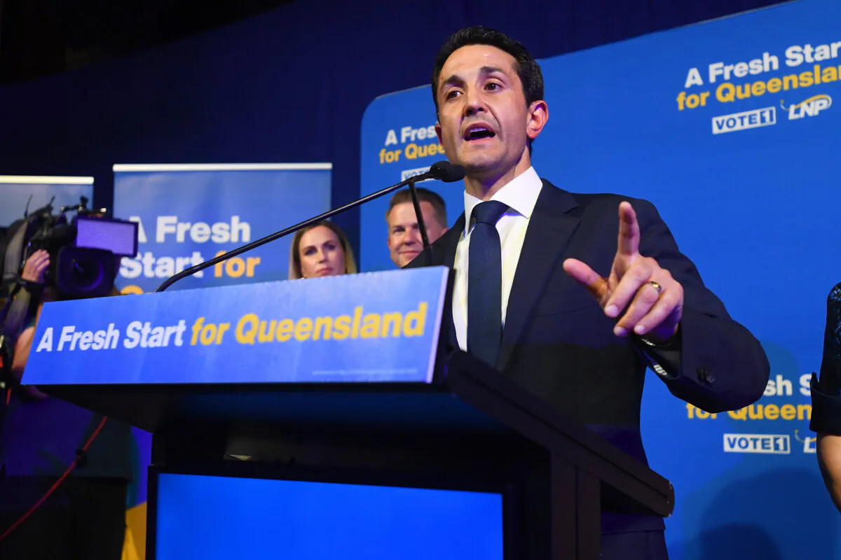 Queensland Opposition Leader David Crisafulli speaks at his victory party in Brisbane, Australia on Oct. 26, 2024. (AAP Image/Jono Searle)