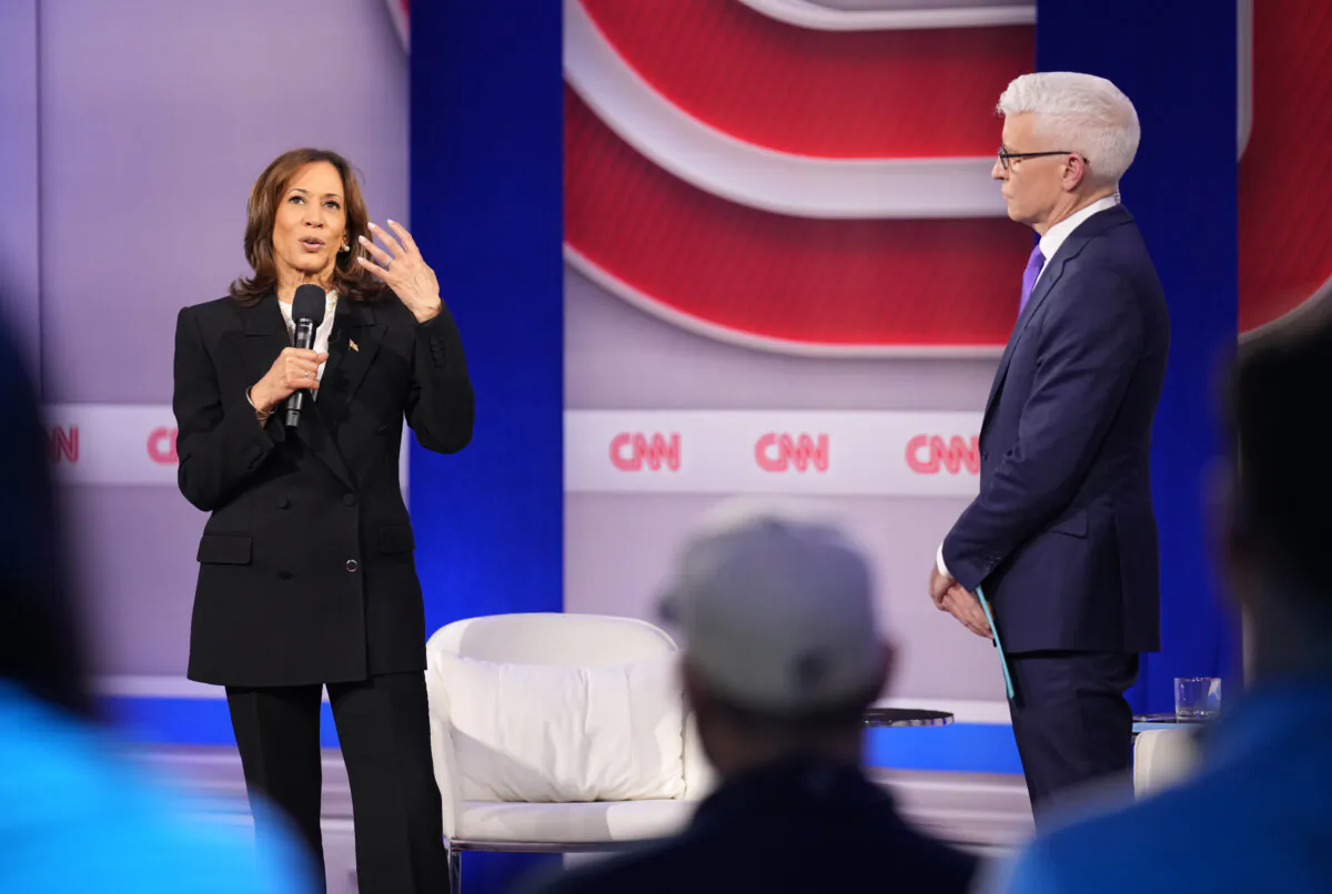 Democratic presidential candidate Vice President Kamala Harris (L) speaks as CNN moderator Anderson Cooper (R) looks on during a CNN Presidential Town Hall at Sun Center Studios in Aston, Pa., on Oct. 23, 2024. (Andrew Harnik/Getty Images)