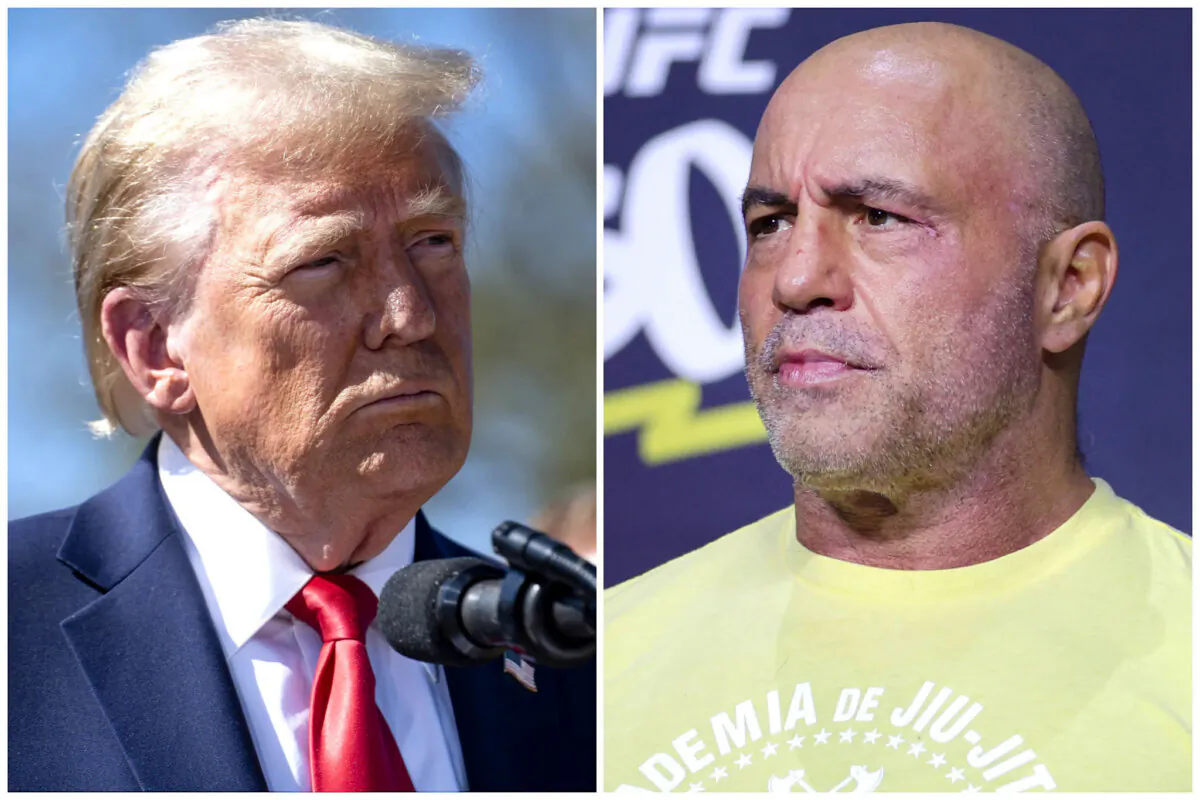 (Left) Former President Donald Trump speaks to the press in Swannanoa, N.C., on Oct. 21, 2024. (Right) Joe Rogan MC's during the UFC 300 ceremonial weigh-in at MGM Grand Garden Arena in Las Vegas on April 12, 2024. (Madalina Vasiliu/The Epoch Times, Carmen Mandato/Getty Images)