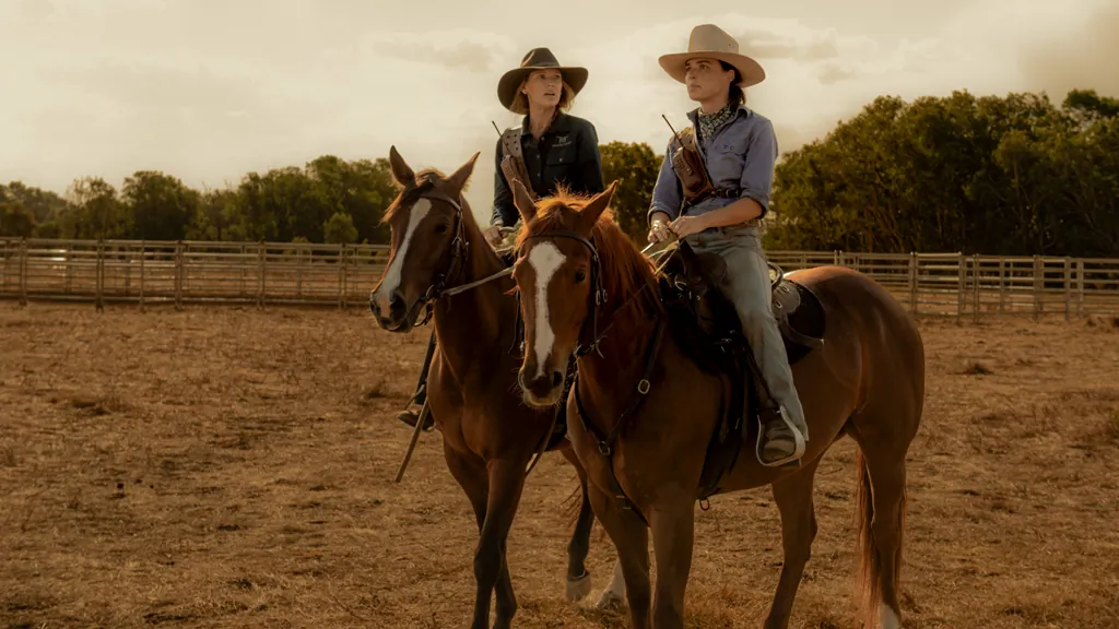 Emily (Anna Torv, L) and Susie (Philippa Northeast), in “Territory.” (Netflix)