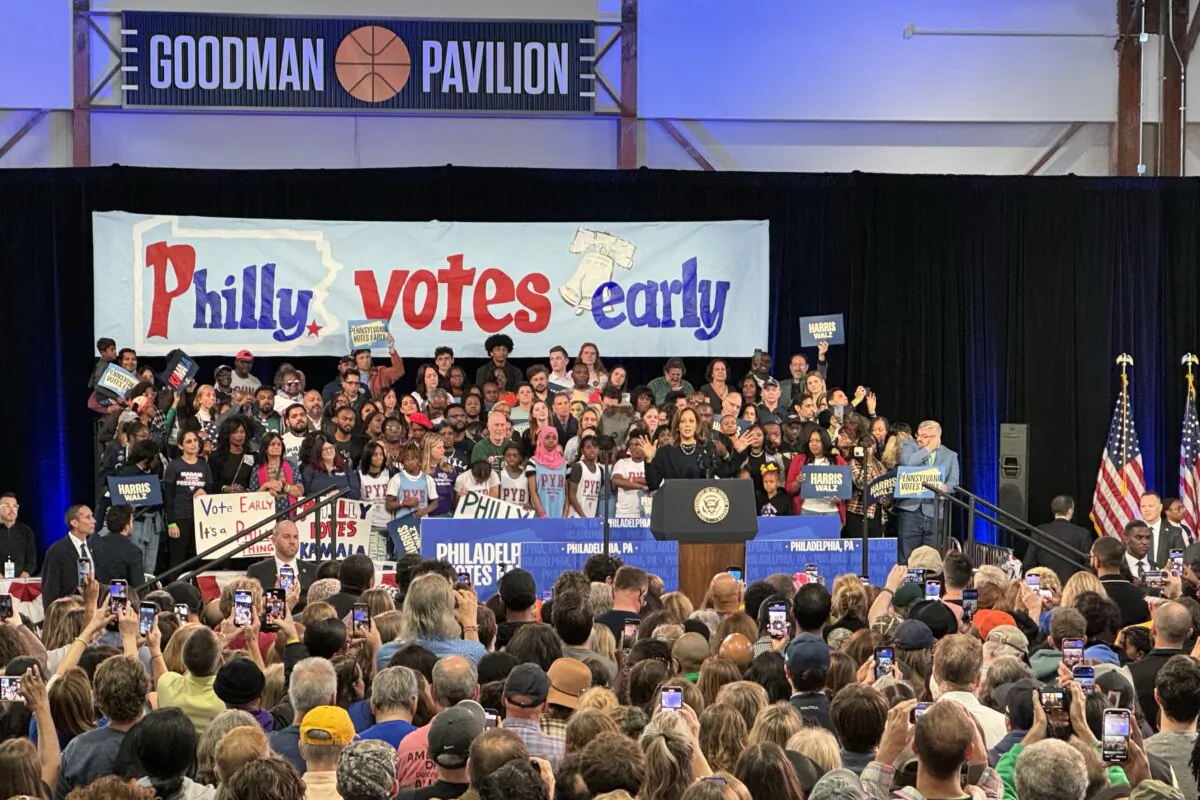 Vice President Kamala Harris speaks at a campaign rally to "Get Out the Vote" in Philadelphia on Oct. 27, 2024. (Arjun Singh/The Epoch Times)