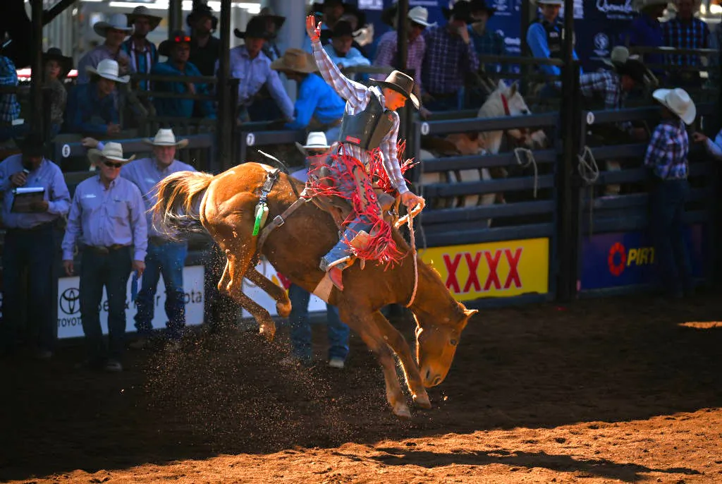 Axel Roy competes in the Local Station Buckjump event at the Mount Isa Mines Rodeo in Mount Isa, Australia, on Aug. 9, 2024. (Dan Peled/Getty Images)