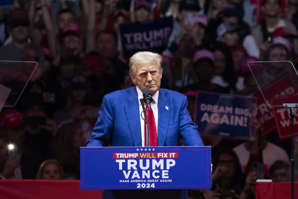 Former president Donald J. Trump speaks during a campaign rally at Madison Square Garden in New York City on Oct. 27, 2024. (Samira Bouaou/The Epoch Times)