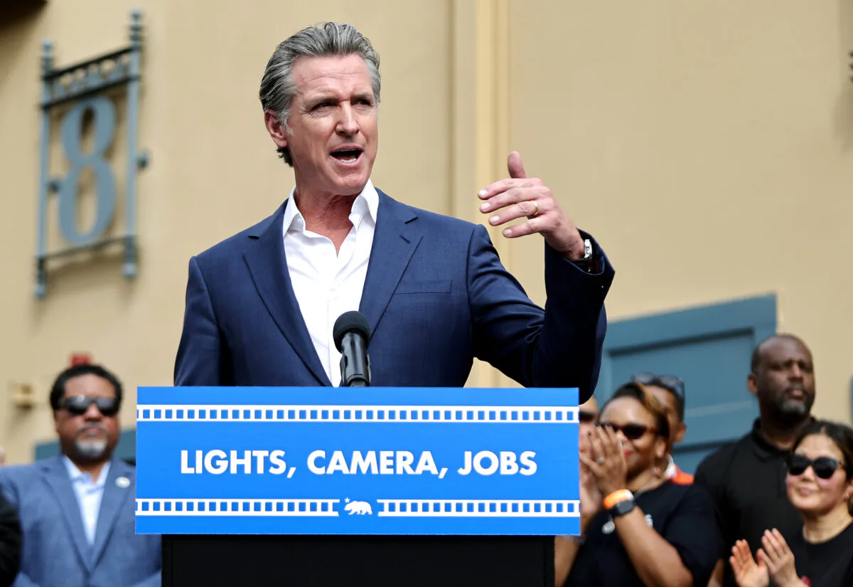 California Gov. Gavin Newsom speaks during a press conference at Raleigh Studios unveiling a vast expansion of California’s Film and Television Credit Program in Los Angeles on Oct. 27, 2024. (Mario Tama/Getty Images)