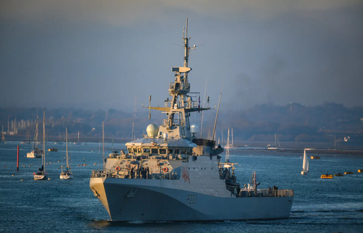 HMS Tamar leaves Portsmouth, England, on Dec. 31, 2020. (Finnbarr Webster/Getty Images)