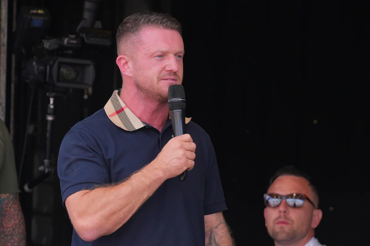 Stephen Yaxley-Lennon, also known as Tommy Robinson, addresses the crowd gathered at Trafalgar Square in central London, England, on July 27, 2024. (Maja Smiejkowska/PA Wire)
