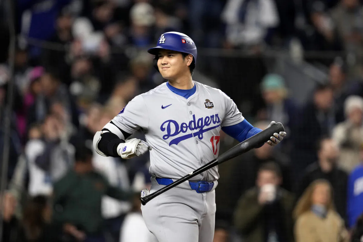 Los Angeles Dodgers' Shohei Ohtani walks to the plate to bat against the New York Yankees during the first inning in Game 3 of the baseball World Series in New York on Oct. 28, 2024. (Godofredo A. Vásquez/AP Photo)