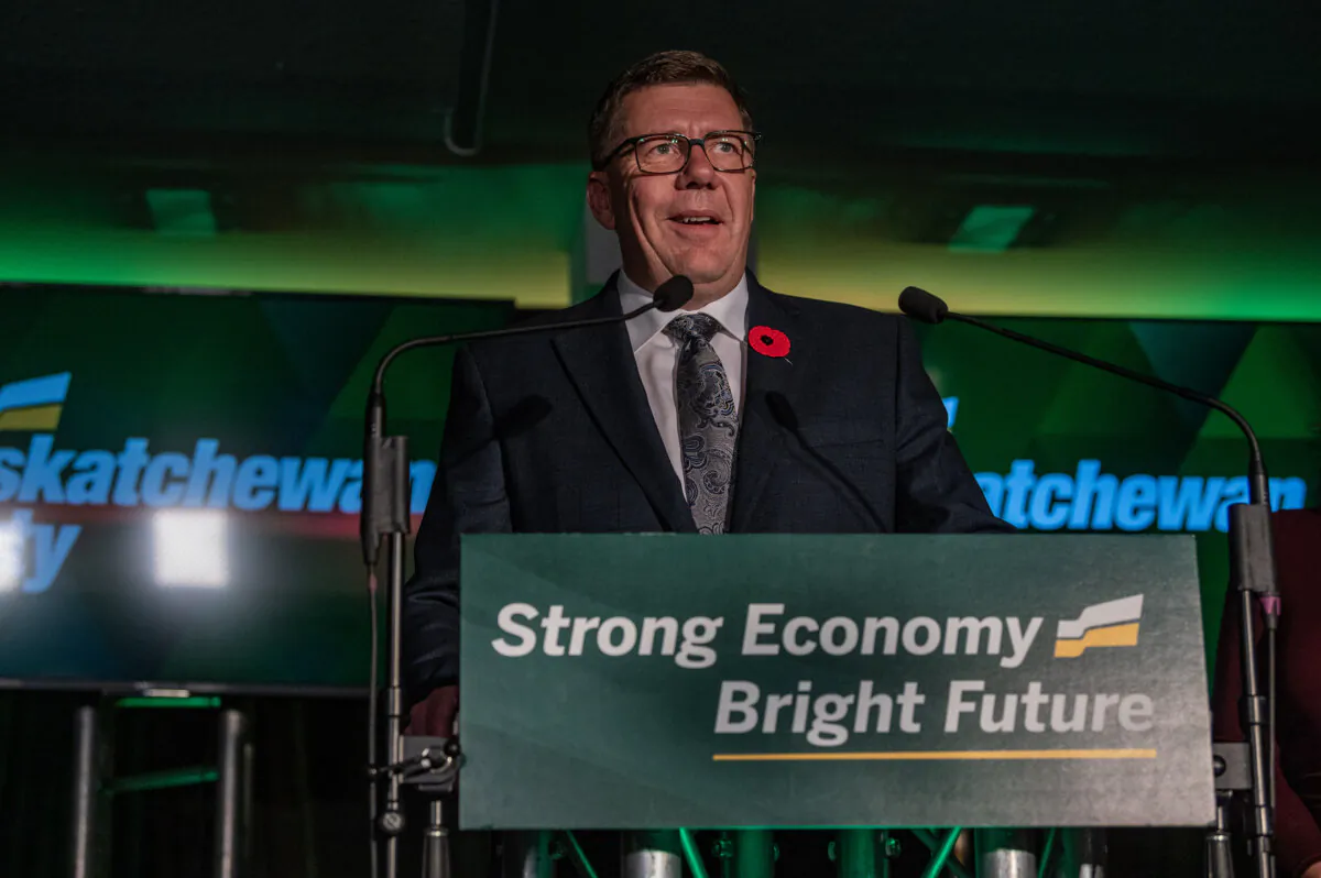 Re-elected Saskatchewan Premier Scott Moe speaks to media following his party winning a majority government in the provincial election, in Shellbrook, Sask., on Oct. 29, 2024. (The Canadian Press/Liam Richards)