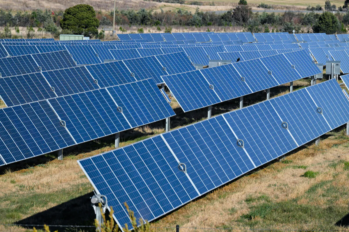 Solar panels are seen at solar farm on the northern outskirts of Canberra, Australia on June 15, 2022. (AAP Image/Mick Tsikas)
