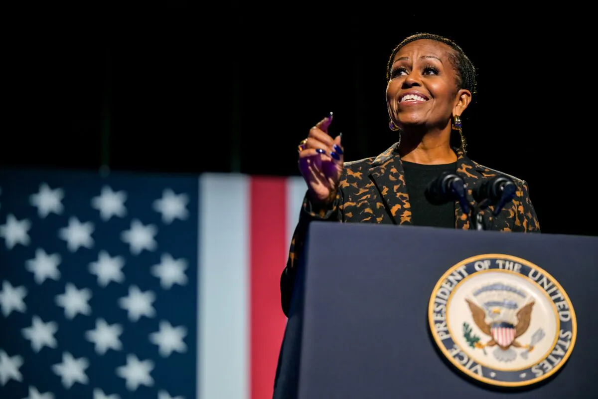 Former first lady Michelle Obama speaks ahead of the arrival of the Democratic presidential nominee, Vice President Kamala Harris, during a campaign rally at the Wings Event Center in Kalamazoo, Mich., on Oct. 26, 2024. (Brandon Bell/Getty Images)