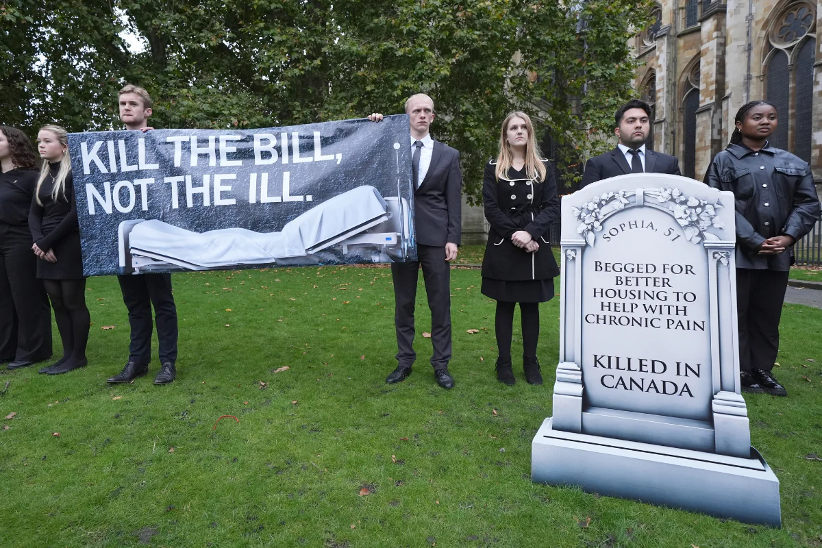 Members of Distant Voices, Christian Concern, the Christian Medical Fellowship, and SPUC gather to protest against the assisted suicide bill in Westminster, London, England, on Oct. 16, 2024. (Lucy North/PA Wire)
