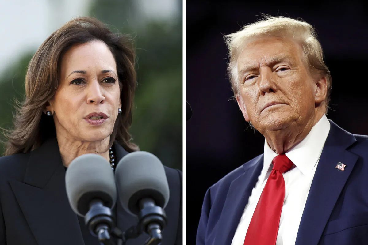 (Left) Vice President Kamala Harris at the Naval Observatory in Washington, DC, on Oct. 7, 2024; (Right) Republican presidential nominee, former President Donald Trump delivers remarks at a campaign rally at the Santander Arena in Reading, Pa., on Oct. 09, 2024. (Ting Shen, Chip Somodevilla/Getty Images)