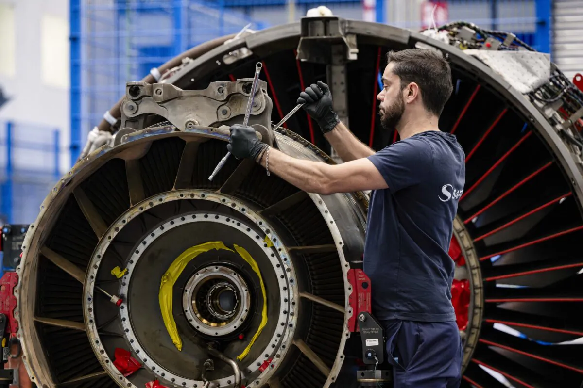 A Safran technician works at the LEAP engine maintenance center during a media visit to Steenokkerzeel, near Brussels, on Oct. 29, 2024. (John Thys/AFP via Getty Images)
