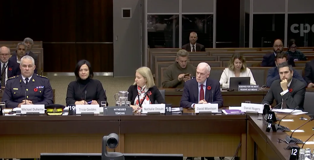 Top Canadian security and foreign affairs officials appear before the House of Commons public safety committee on Oct. 29, 2024. (L–R) RCMP Commissioner Michael Duheme, Public Safety Deputy Minister Tricia Geddes, National Security and Intelligence Advisor Nathalie Drouin, Foreign Affairs Deputy Minister David Morrison, and CSIS Director Daniel Rogers. (House of Commons/Screenshot via The Epoch Times)