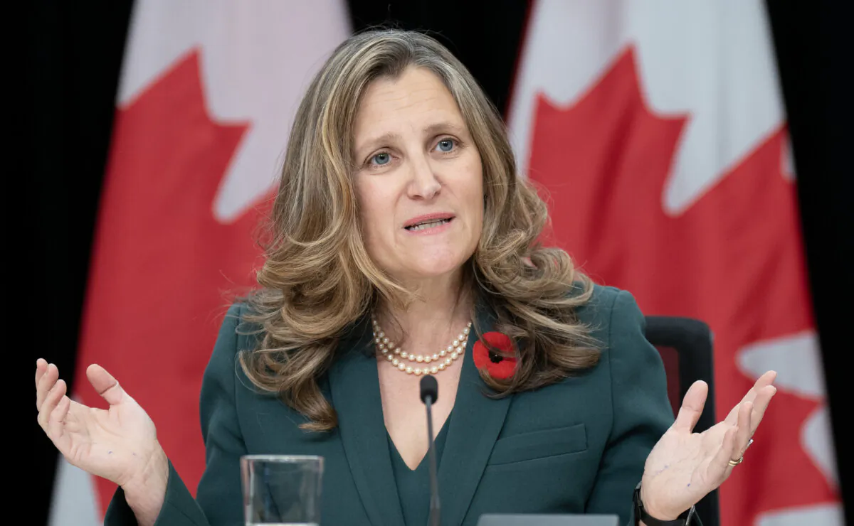 Then-minister Chrystia Freeland responds to a question during a news conference, in Ottawa, on Oct. 29, 2024. (The Canadian Press/Adrian Wyld)