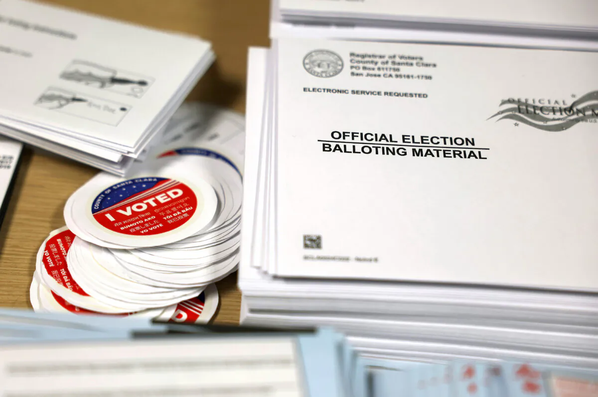 Election materials are displayed on a table at the Santa Clara County registrar of voters office in San Jose, Calif., on Oct. 21, 2024. (Justin Sullivan/Getty Images)