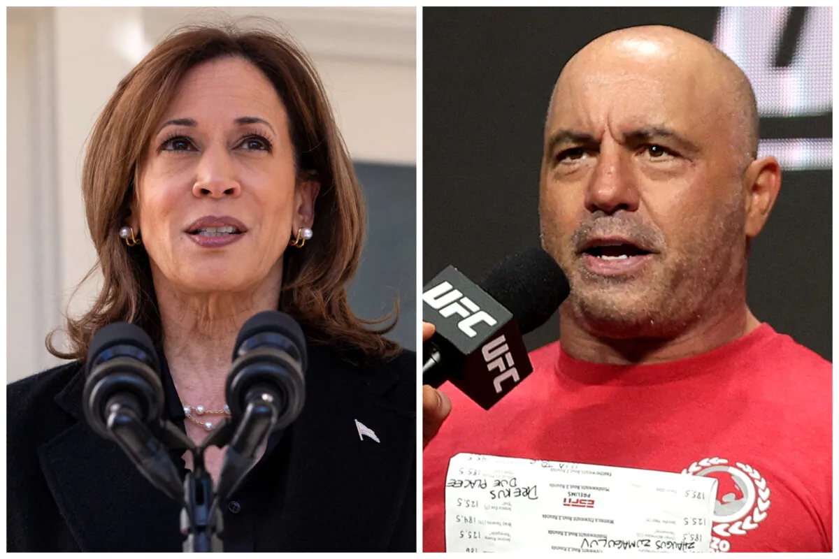 (Left) Vice President Kamala Harris speaks at the Naval Observatory in Washington on Oct. 23, 2024. (Right) Joe Rogan during a ceremonial weigh in for UFC 264 at T-Mobile Arena in Las Vegas on July 9, 2021. (Roberto Schmidt/AFP via Getty Images; Stacy Revere/Getty Images)
