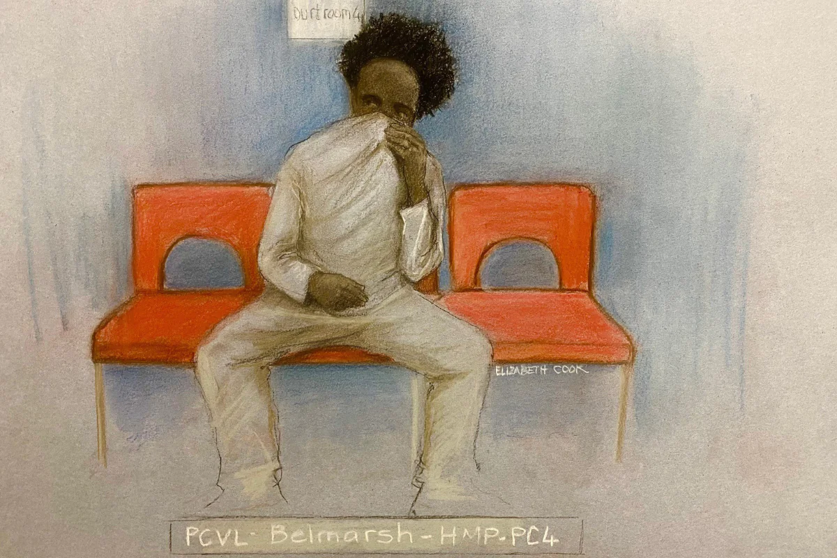 Court artist drawing of Axel Rudakubana, 18, appearing by video-link from Belmarsh prison at London's Westminster Magistrates' Court, London, England, on Oct. 30, 2024. (Elizabeth Cook/PA Wire)