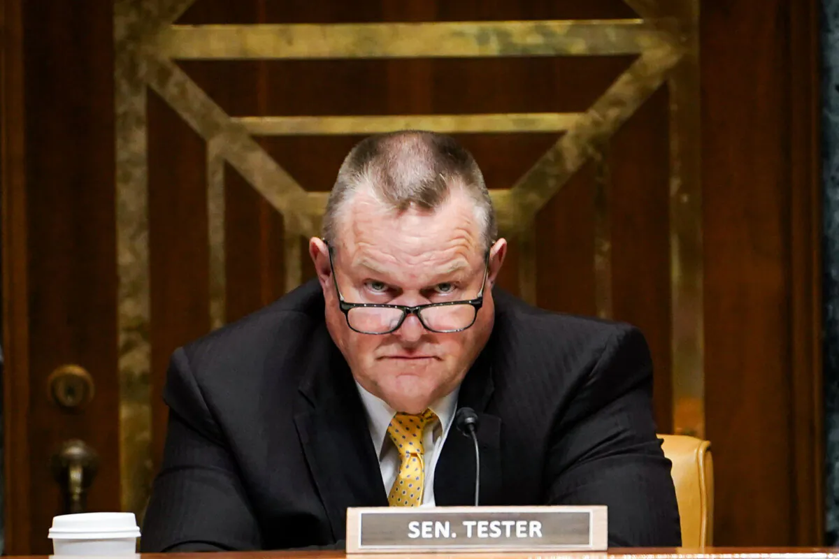 Sen. Jon Tester (D-Mont.) chairs a hearing in Washington on June 1, 2023. (Madalina Vasiliu/The Epoch Times)