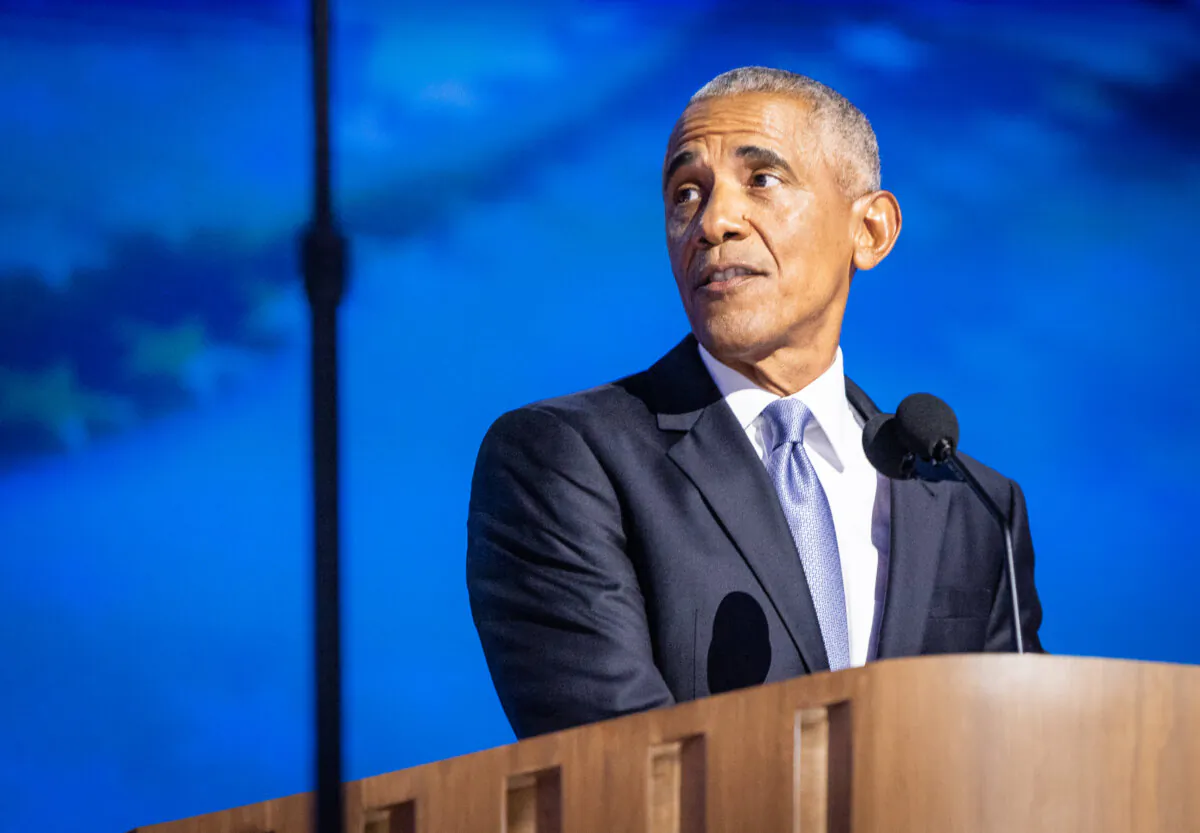 Former President Barrack Obama speaks at the 2024 Democratic National Convention in Chicago on Aug. 20, 2024. (John Fredricks/The Epoch Times)