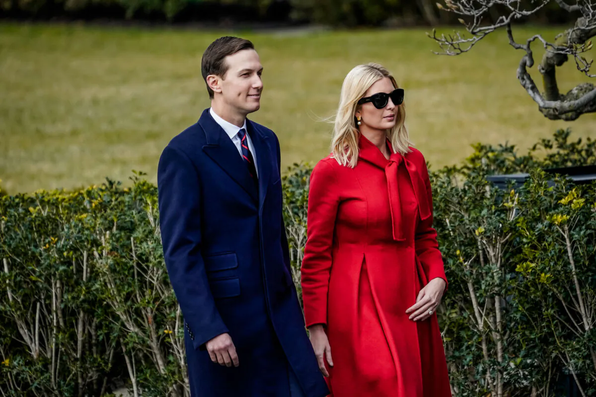 (L–R) Senior advisors to President Trump, Jared Kushner and his wife Ivanka Trump, arrive for a signing ceremony for the United States–Mexico–Canada Trade Agreement on the South Lawn of the White House on Jan. 29, 2020. (Drew Angerer/Getty Images)