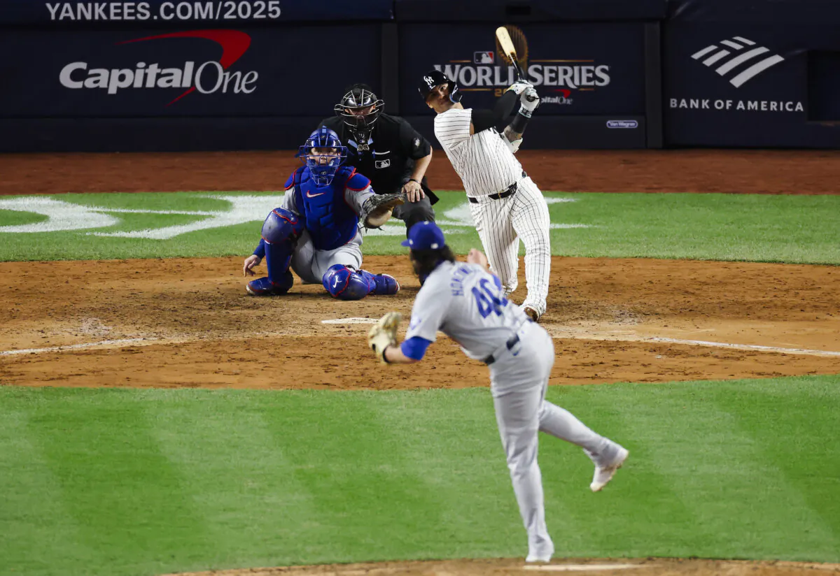 Gleyber Torres #25 of the New York Yankees hits a three-run home run during the eighth inning of Game Four of the 2024 World Series against the Los Angeles Dodgers at Yankee Stadium on  in the Bronx borough of New York City October 29, 2024. (Al Bello/Getty Images)