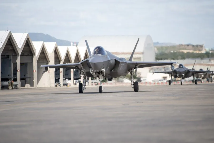 F-35A Lightning II aircraft assigned to the 4th Fighter Squadron, Hill Air Force Base, Utah, arrive at Kadena Air Base, Japan, on Nov. 20, 2023. (U.S. Air Force photo by Staff Sgt. Jessi Roth)