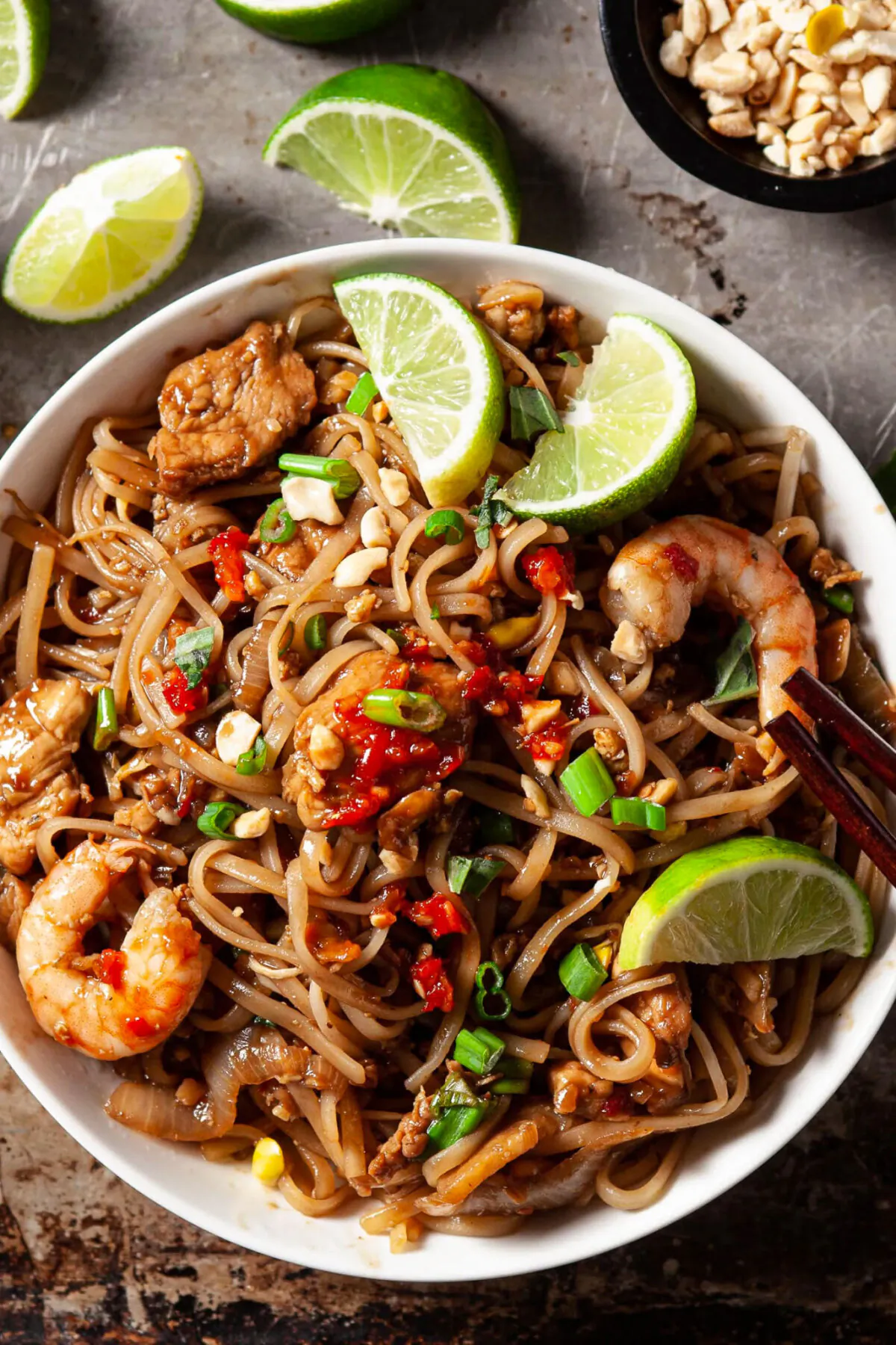 This easy pad thai recipe is bursting with protein thanks to the use of chicken and shrimp. (Amy Dong)