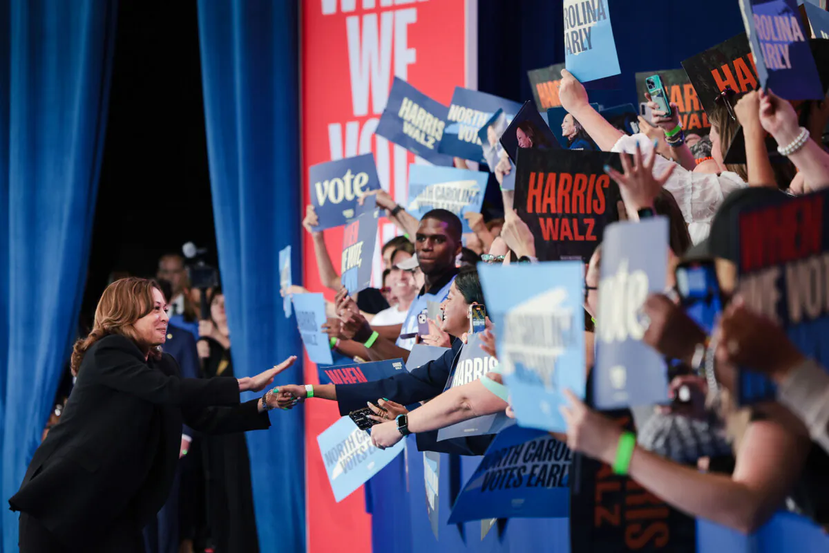 The Democratic presidential nominee, Vice President Kamala Harris, greets supporters before speaking at a campaign rally at the Walnut Creek Amphitheatre in Raleigh, N.C., on Oct. 30, 2024. (Win McNamee/Getty Images)
