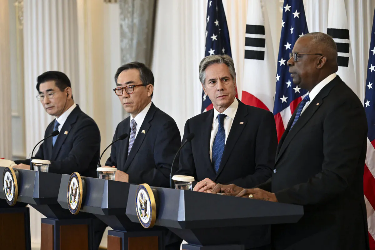 Secretary of State Antony Blinken (2nd R) and Defense Secretary Lloyd Austin (R) speak with the press alongside South Korean Foreign Affairs Minister Cho Tae-yul (2nd L) and South Korean Defense Minister Kim Yong-hyun (L) as they participate in the U.S.–Republic of Korea Foreign and Defense Ministerial meeting at the State Department in Washington on Oct. 31, 2024. (Saul Loeb/AFP via Getty Images)