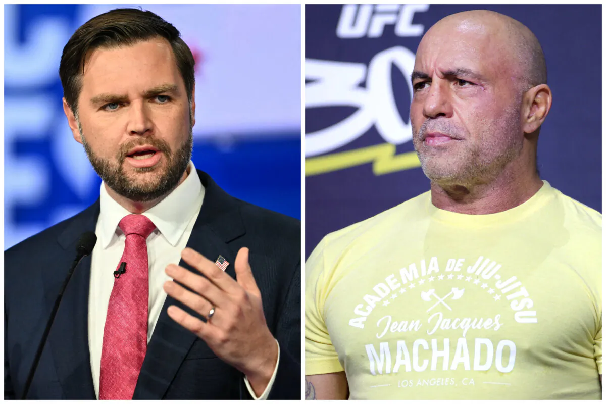(Left) US Senator and Republican vice presidential candidate J.D. Vance speaks at the CBS Broadcast Center in New York City on Oct. 1, 2024; (Right) Joe Rogan MC's during the UFC 300 ceremonial weigh-in at MGM Grand Garden Arena in Las Vegas, Nev., on April 12, 2024. (Angela Weiss/Getty Images; Carmen Mandato/AFP via Getty Images)