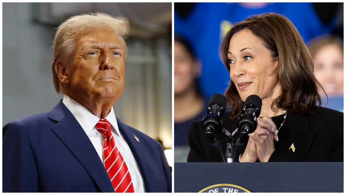 (Left) Former President Donald Trump greets supporters during a campaign event at the Rocky Mount Event Center in Rocky Mount, N.C., on Oct. 30, 2024. (Right) Vice President Kamala Harris speaks during a Get Out the Vote rally in Raleigh, N.C., on Oct. 30, 2024. (Chip Somodevilla/Getty Images; Ryan M. Kelly/AFP via Getty Images)