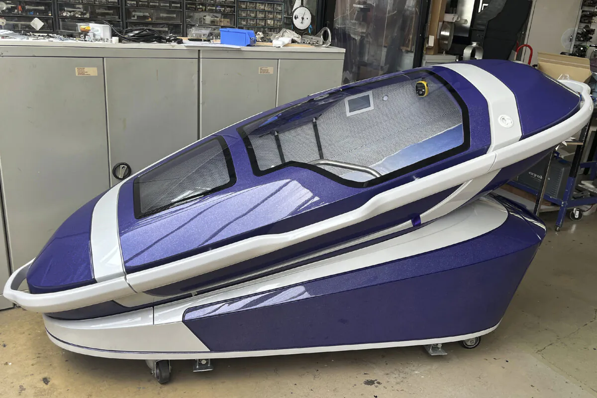 A "suicide pod" known as "The Sarco" in Rotterdam, Netherlands, on July 8, 2024. (Ahmad Seir/AP Photo)