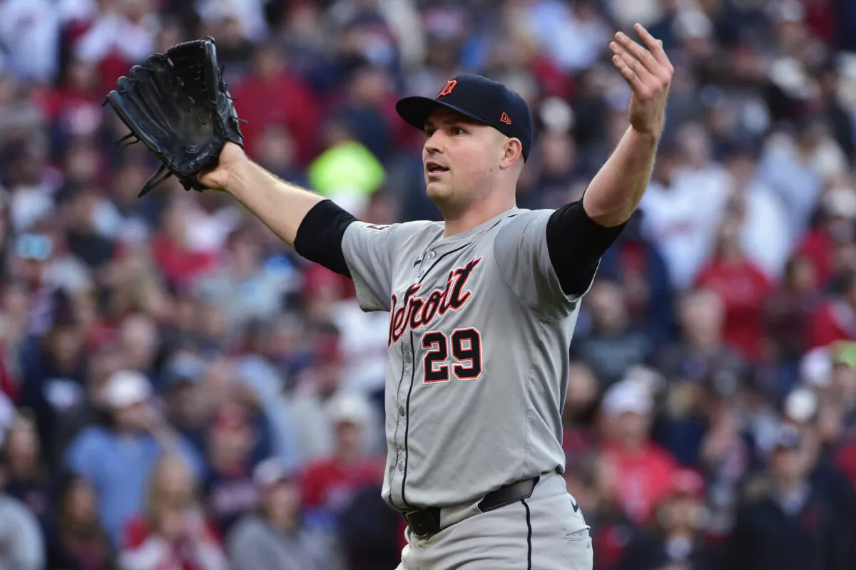Detroit Tigers starting pitcher Tarik Skubal gestures after a double play ends the sixth inning during Game 2 of baseball's AL Division Series against the Cleveland Guardians in Cleveland, on Oct. 7, 2024. (Phil Long/AP Photo)