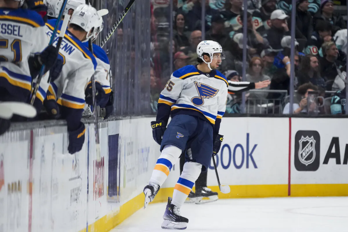 St. Louis Blues center Jordan Kyrou celebrates his goal against the Seattle Kraken during the second period of an NHL hockey game in Seattle, on Oct. 8, 2024. (Lindsey Wasson/AP Photo)