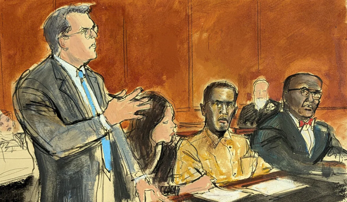 In this courtroom sketch, Sean "Diddy" Combs's defense attorney Marc Agnifilo (L) addresses the judge while Combs (2nd R) watches during a hearing in federal court in New York on Oct. 10, 2024. (Elizabeth Williams via AP)