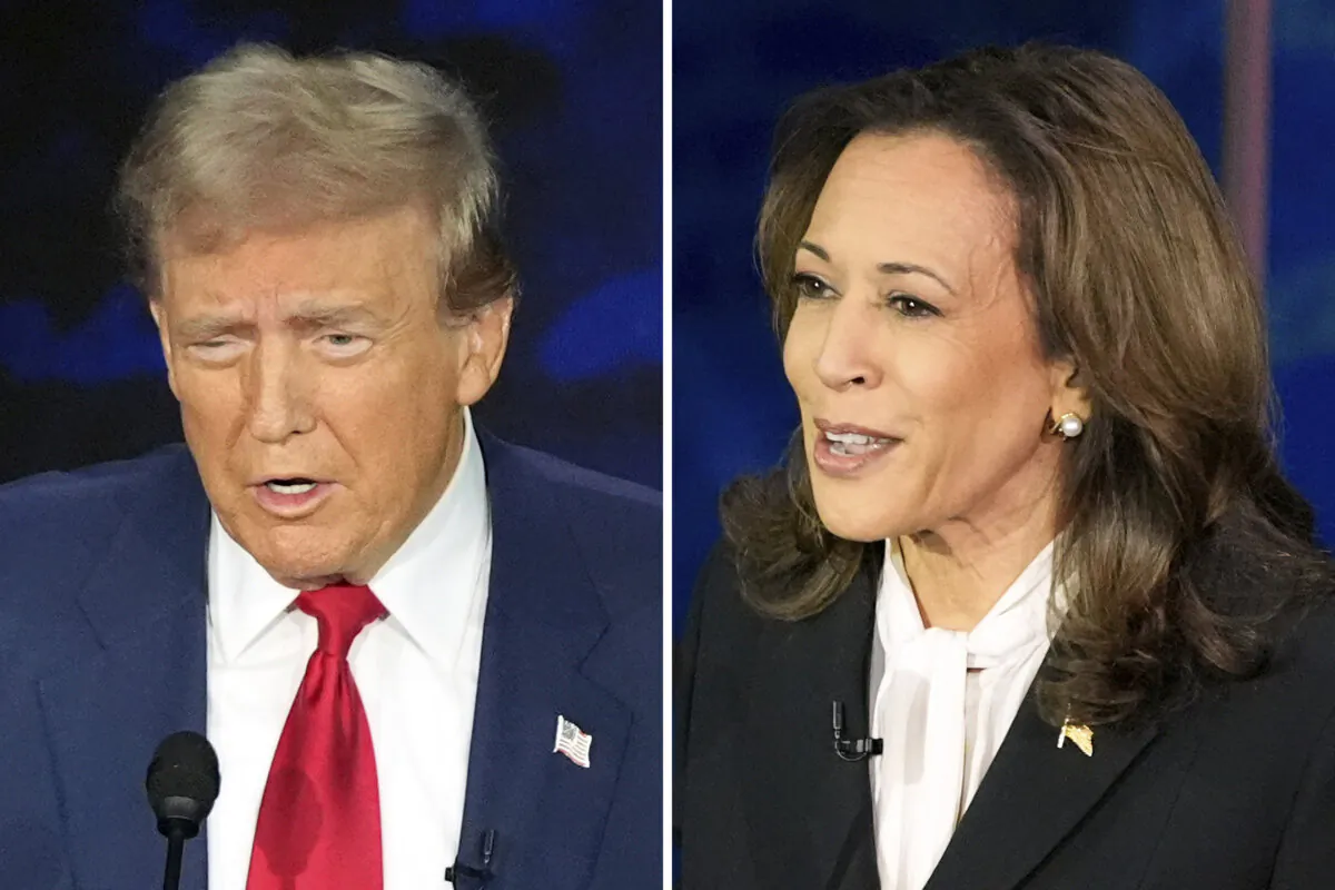 Republican presidential nominee former President Donald Trump (L) and Democratic presidential nominee Vice President Kamala Harris during an ABC News presidential debate at the National Constitution Center in Philadelphia on Sept. 10, 2024. (Alex Brandon/AP Photo)