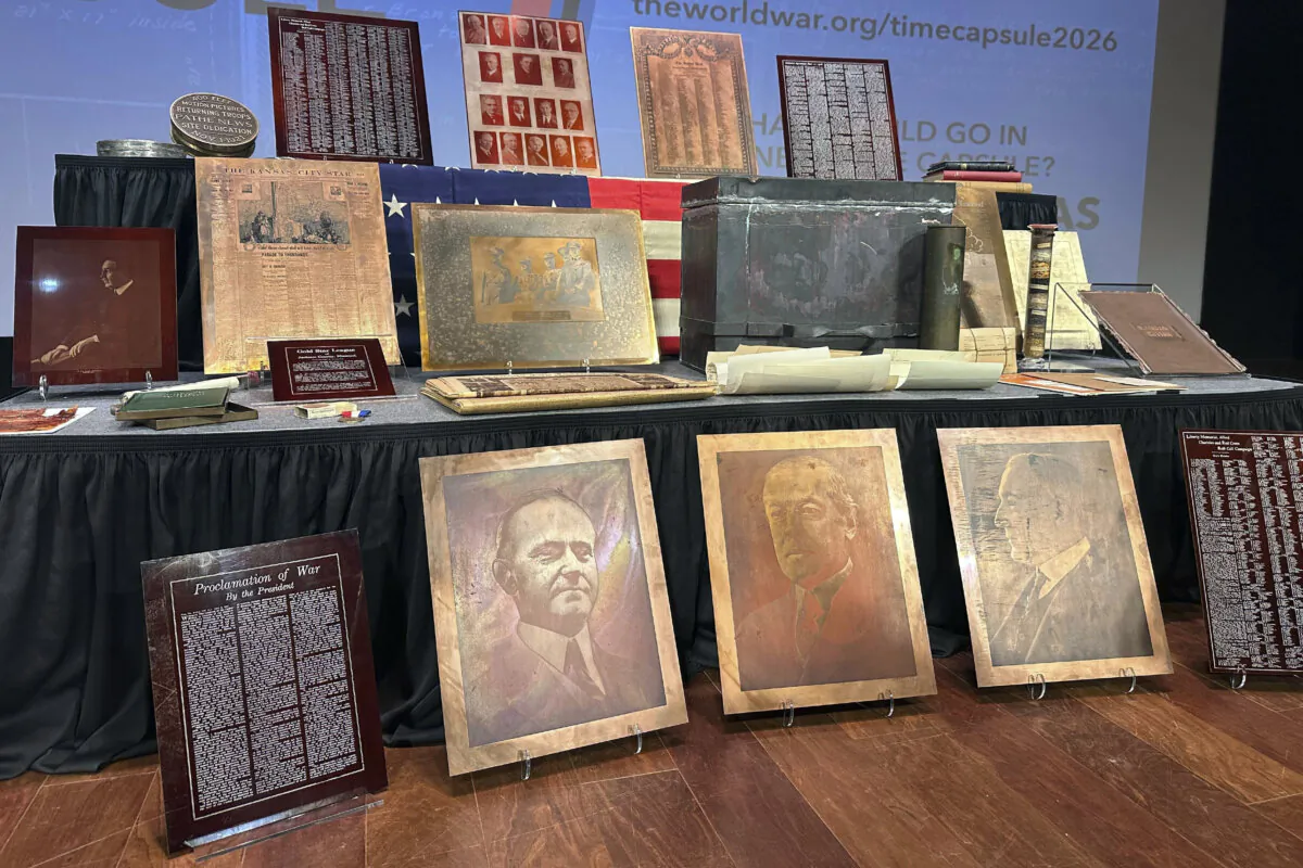 Artifacts from a 100-year-old time capsule, including metal etchings of U.S. presidents, local newspaper printing plates and a container of seeds, were revealed to the public by the National World War I Museum and Memorial, in Kansas City, Mo., on Oct. 16. 2024. (Nick Ingram/AP Photo)
