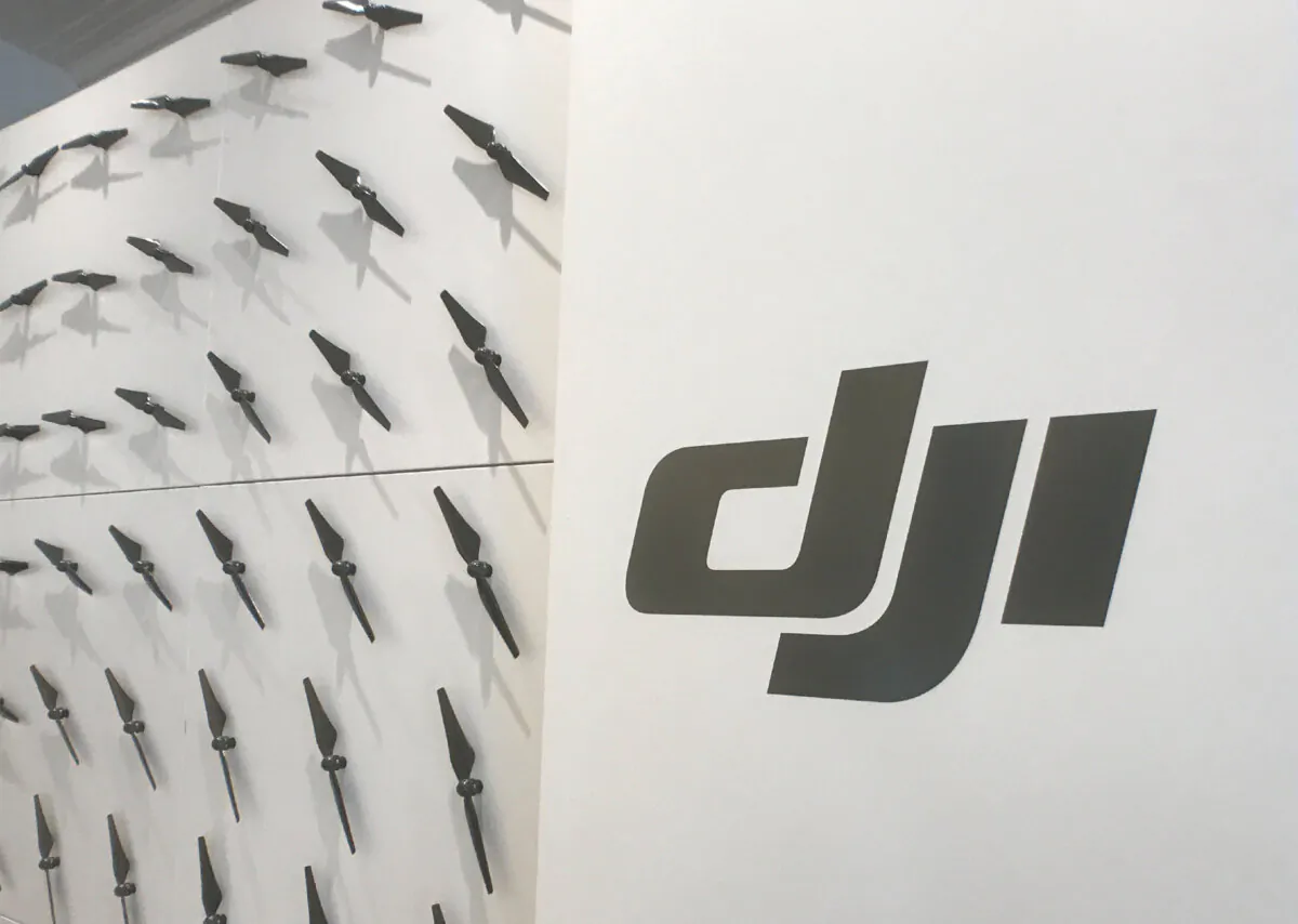 The logo of Chinese drone maker DJI is seen at the company's office in New York on Aug. 11, 2017. (Alwyn Scott/Reuters)