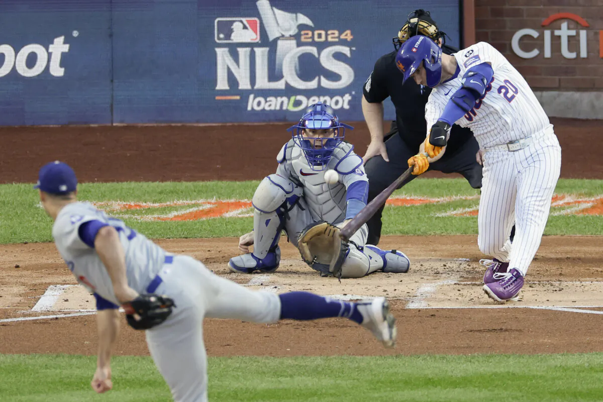 New York Mets' Pete Alonso hits a three-run home run against the Los Angeles Dodgers during the first inning in Game 5 of a baseball NL Championship Series in New York, on Oct. 18, 2024. (Adam Hunger/AP Photo)