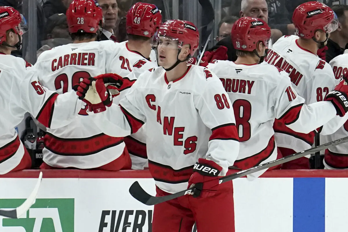 Carolina Hurricanes' Martin Necas (88) returns to the bench after scoring during the second period of an NHL hockey game against the Pittsburgh Penguins in Pittsburgh, on Oct. 18, 2024. (Matt Freed/AP Photo)