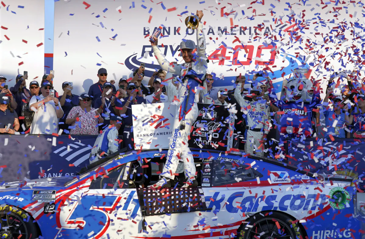 Kyle Larson, center, celebrates in Victory Lane after winning a NASCAR Cup Series auto race at Charlotte Motor Speedway in Concord, N.C., Sunday, Oct. 13, 2024. (Chuck Burton/AP Photo)