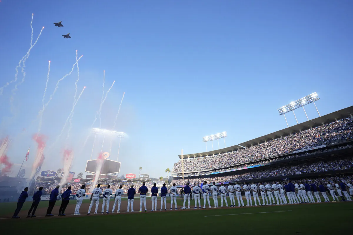 Planes fly over Dodger Stadium before Game 1 of baseball's NL Division Series between the Los Angeles Dodgers and the San Diego Padres, Saturday, Oct. 5, 2024, in Los Angeles. (Ashley Landis/AP Photo)