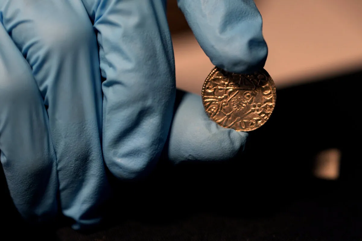 An Edward the Confessor Pyramid coin (1065-6), part of the Chew Valley Hoard of 2,584 coins, buried in the turmoil following the Norman Invasion of Britain in 1066, on display at the British Museum in London on Oct. 22, 2024. (Alastair Grant/AP Photo)