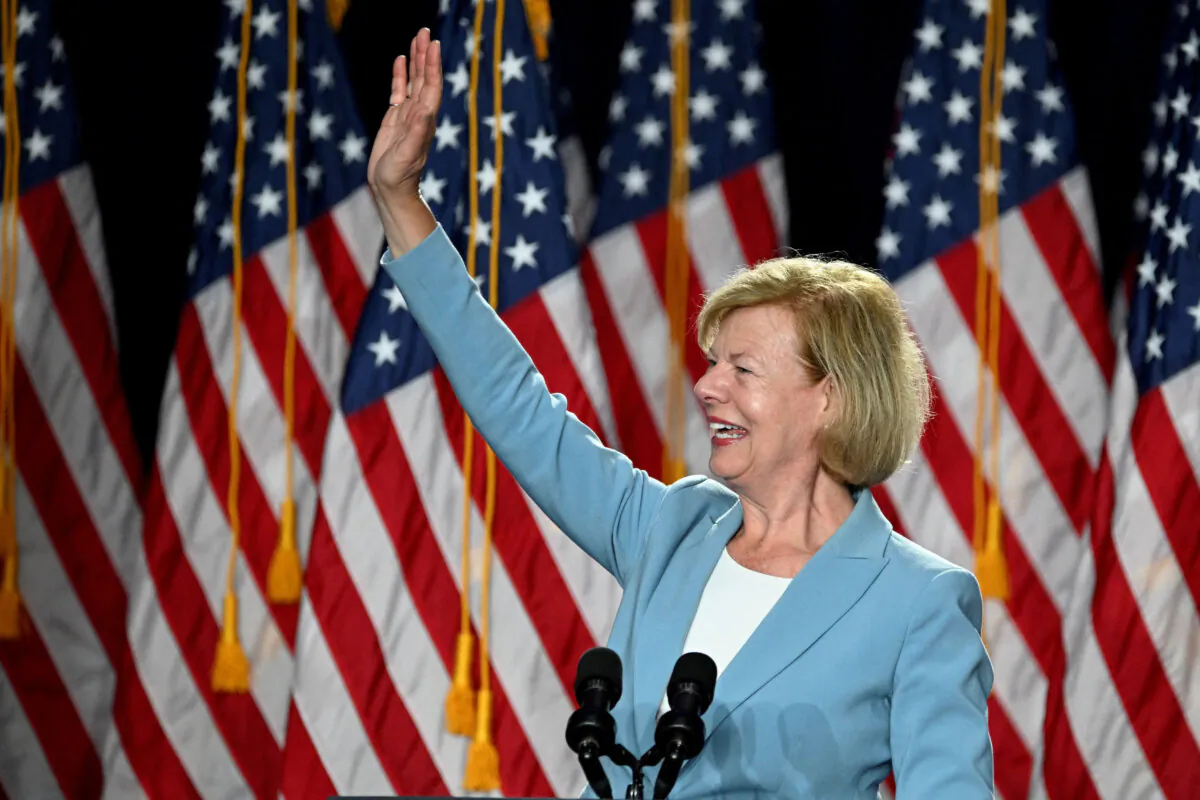 U.S. Senator Tammy Baldwin (D-Wis.) gestures during a campaign event at West Allis Central High School, in West Allis, Wis., on July 23, 2024. (Vincent Alban/Reuters)