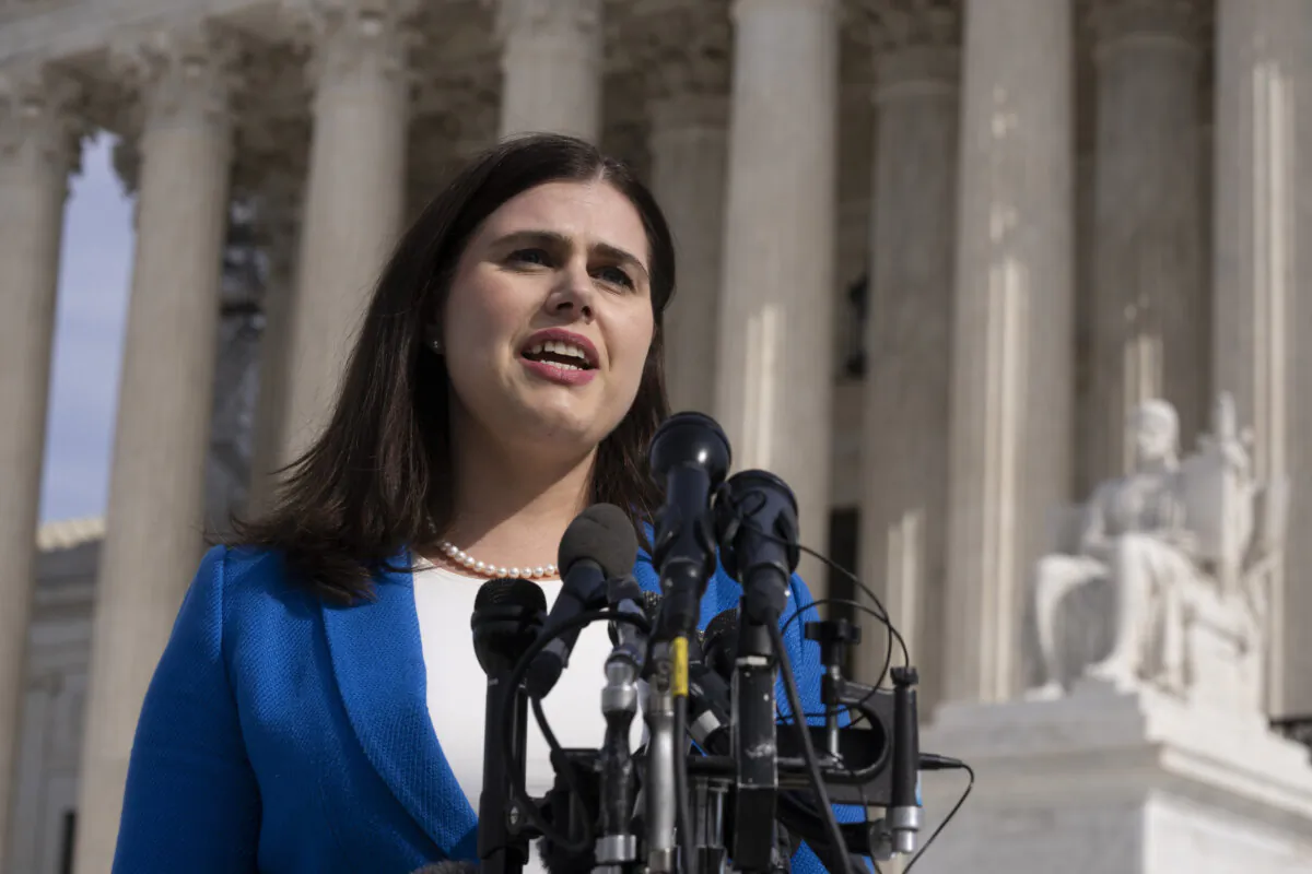 Colorado Secretary of State Jena Griswold speaks in front of the U.S. Supreme Court in Washington on Feb. 8, 2024. (Manuel Balce Ceneta/AP Photo)