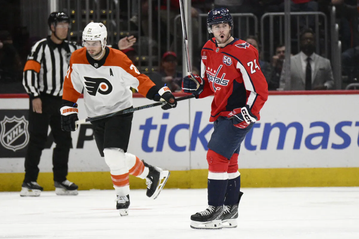 Washington Capitals center Connor McMichael (24) celebrates his goal next to Philadelphia Flyers center Scott Laughton (21) during the second period of an NHL hockey game, Wednesday, Oct. 23, 2024, in Washington. (AP Photo/Nick Wass)