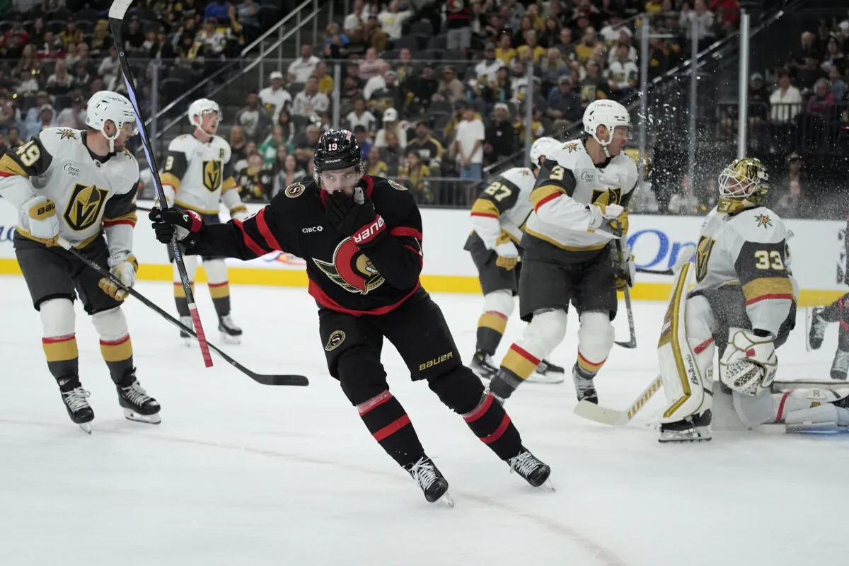 Ottawa Senators right wing Drake Batherson (19) celebrates after scoring against the Vegas Golden Knights during the first period of an NHL hockey game Friday, Oct. 25, 2024, in Las Vegas. (John Locher/AP Photo)