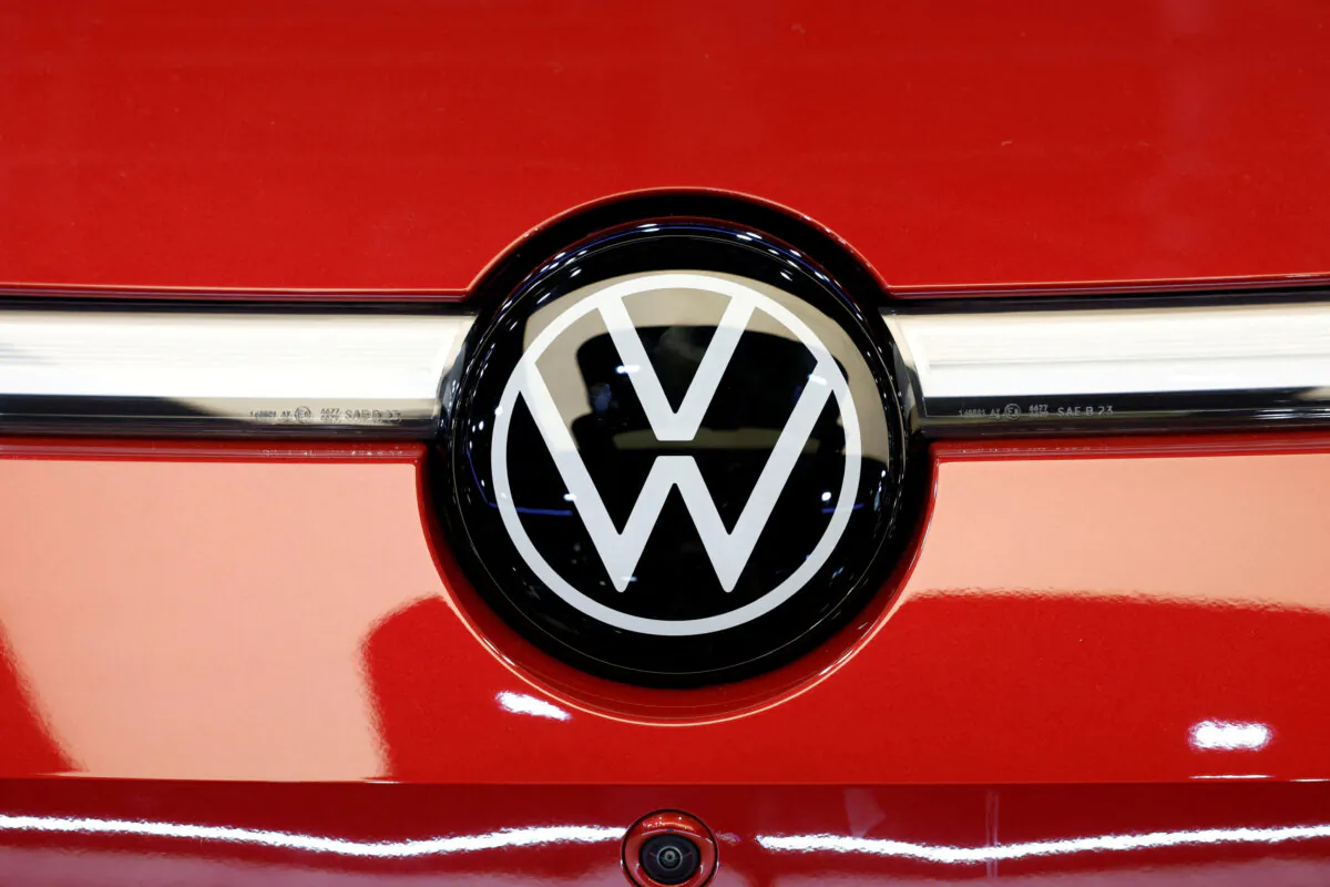 A Volkswagen logo at the 2024 Paris Auto Show in France on Oct. 15, 2024. (Benoit Tessier/Reuters)